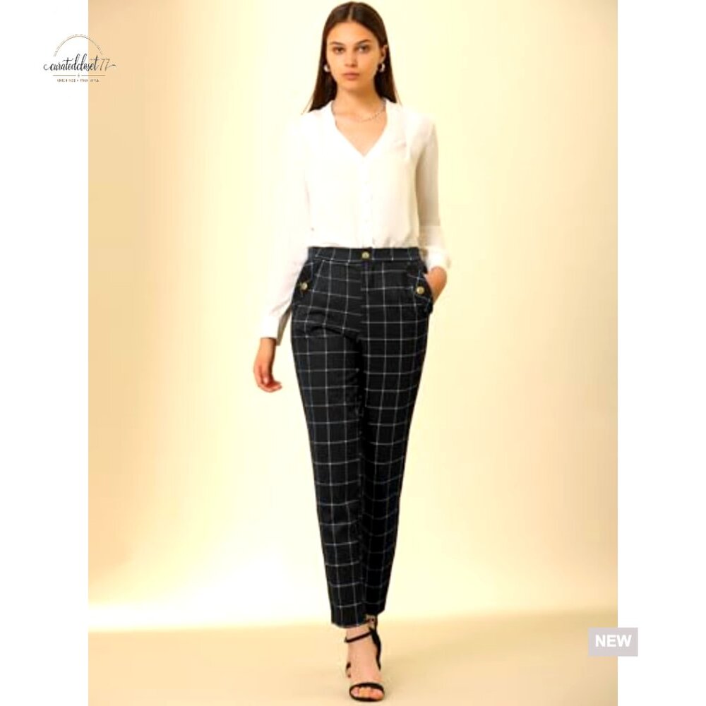 Vintage Tartan Plaid Pants Elastic Waist Straight Leg Trousers Casual Wear - Picture 2 of 6